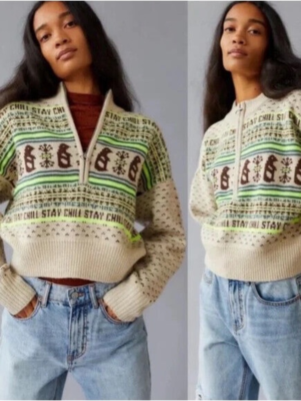 BDG Urban Outfitters stay chill cropped knit winter sweater size small half zip